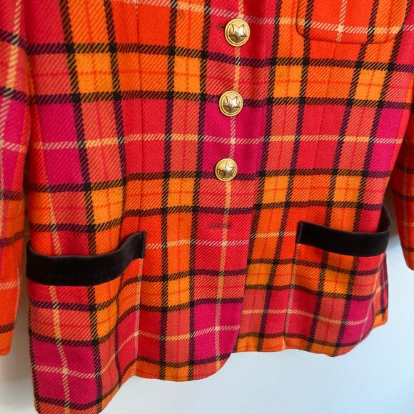 Vintage Mondi Womens M Pink Orange Plaid 100% Wool Power Blazer Preppy Retro - Picture 7 of 14